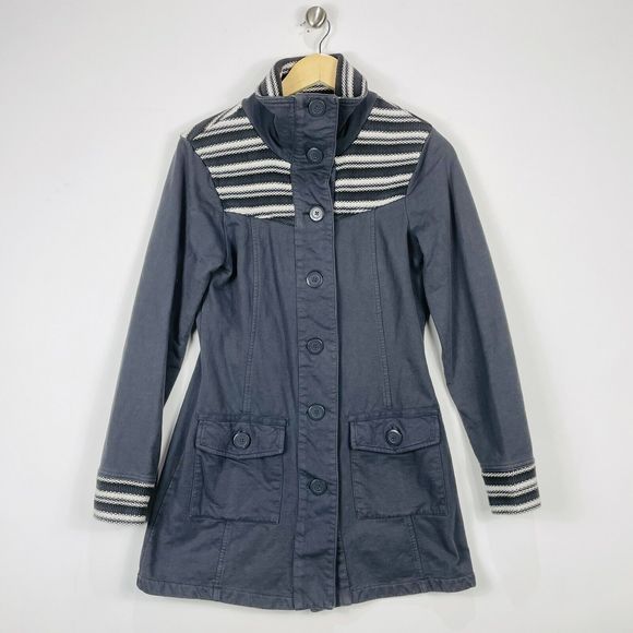 prAna Grey White Woven Panel Microfleece Lined Wrap Neck Jacket Womens Sz Small - Picture 1 of 7